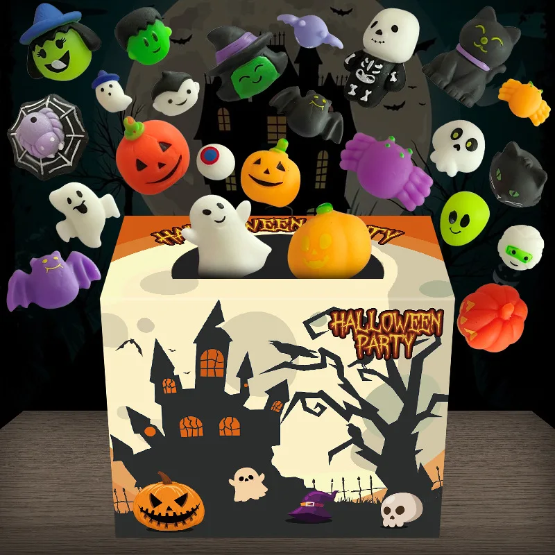 24Pcs/box Halloween Mochi Squishy Toy Kawaii Pumpkin Ghost Bat Spider Squeeze Stress Reliever Toys Party Halloween Gifts 2023