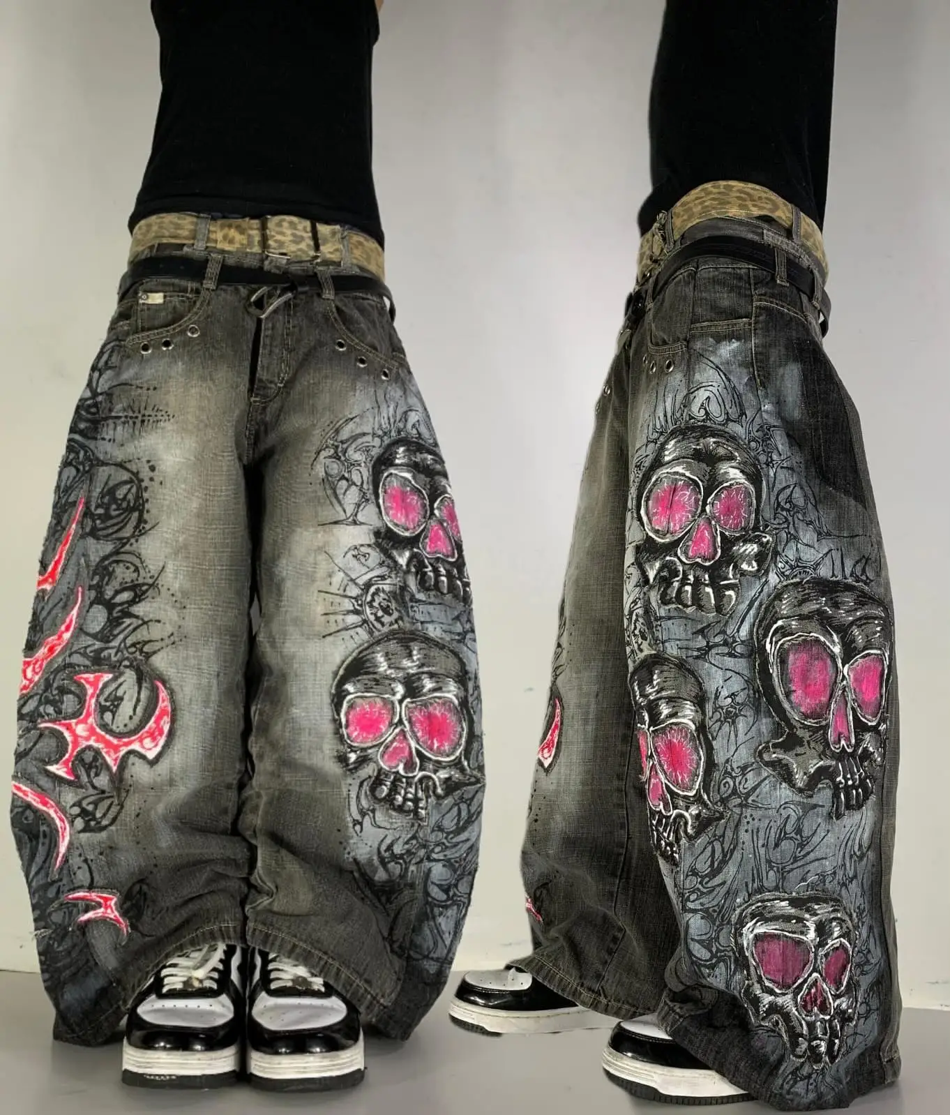 

Y2K мешковатые джинсовые брюки в готическом стиле в стиле Харадзюку, трендовые мужские и женские модные повседневные широкие брюки с принтом для пары, уличная одежда