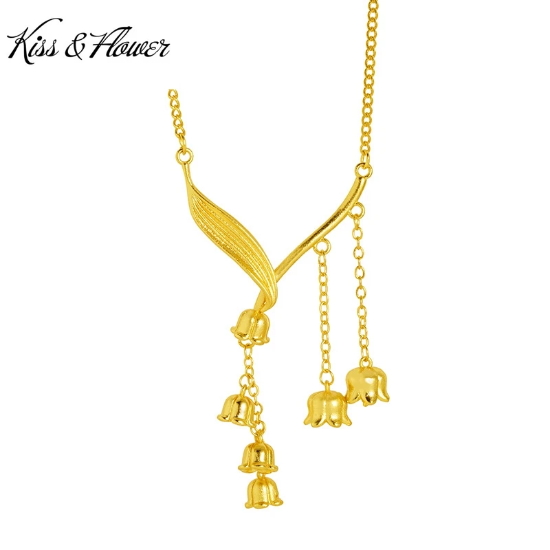 

KISS&FLOWER Gold Flower Tassel Necklace+Ring For Women Wedding Party Birthday Christmas Bride Mother Girlfriend Lady Gifts JS59