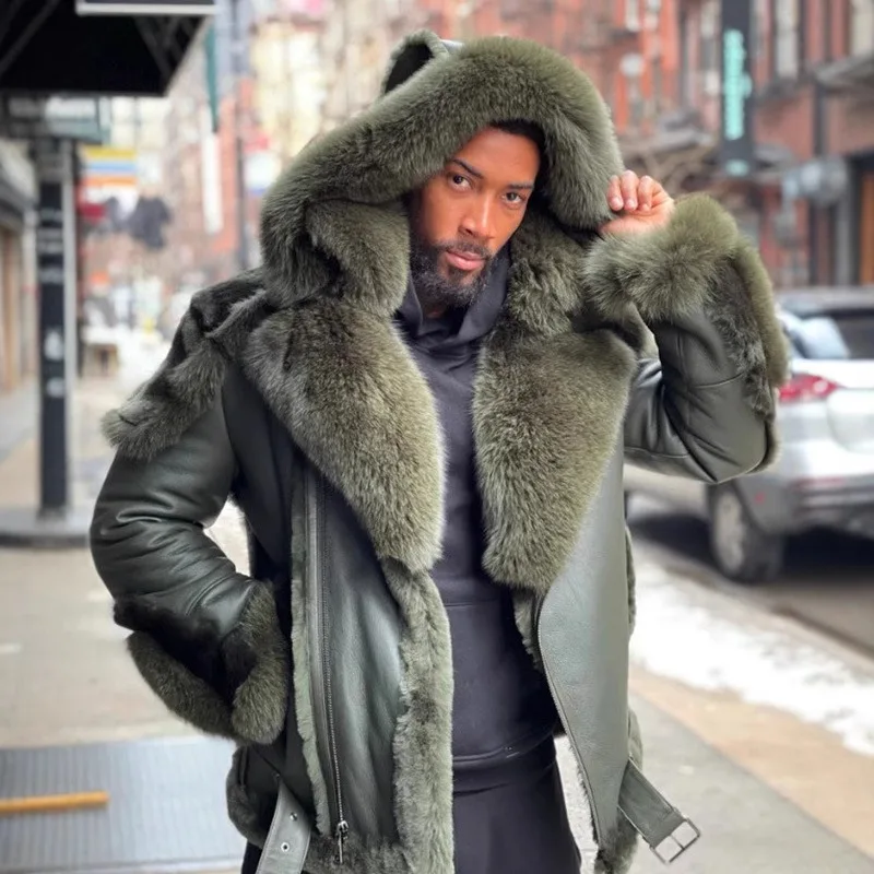 

Cross-century Outdoor Motorcycle Jacket Plush Fur Coat Winter Green Plush Fur Warmth Men