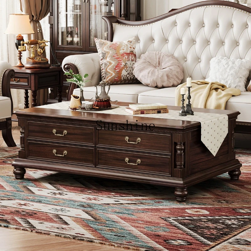 

Retro coffee table American country home living room solid wood with drawers rectangular storage