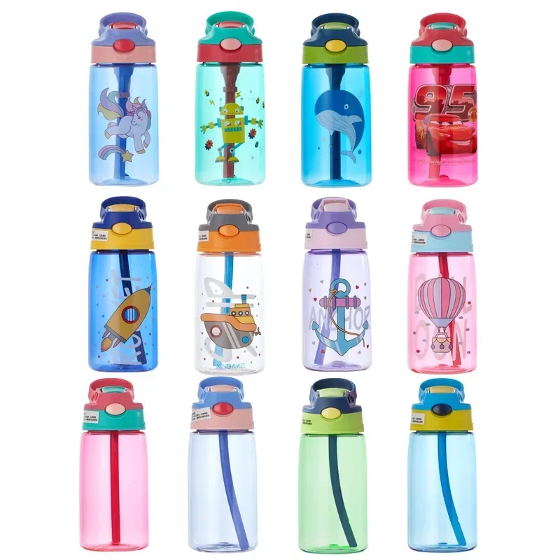 Kids Children Cartoon Animal School Drinking Water Straw Bottle Gravity Ball Straw Baby Cup with Shoulder Strap Water Bottle