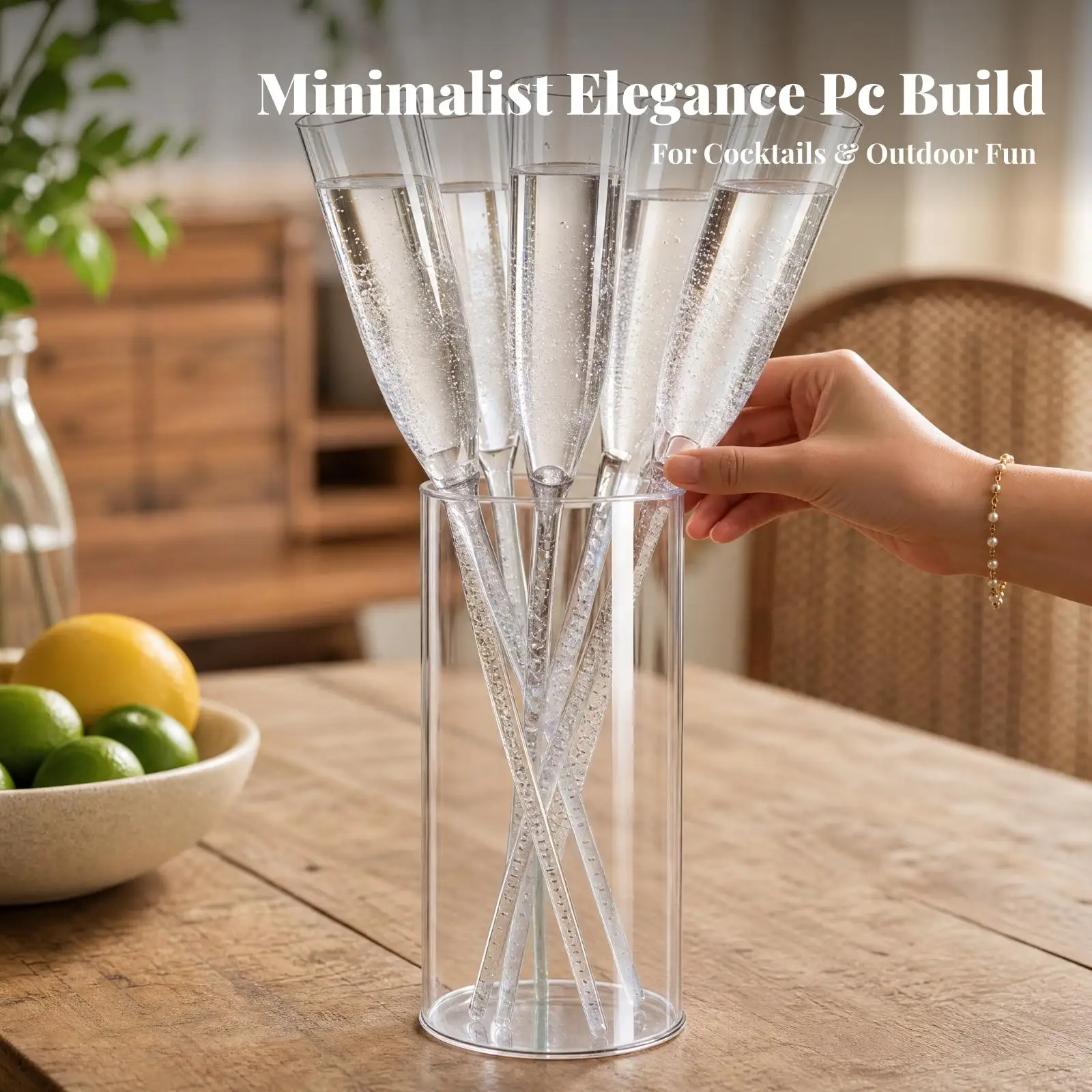 Acrylic Champagne Tumbler Cup with Long Stem and Cylindrical Base Holder for Hot Cold Beverage Service