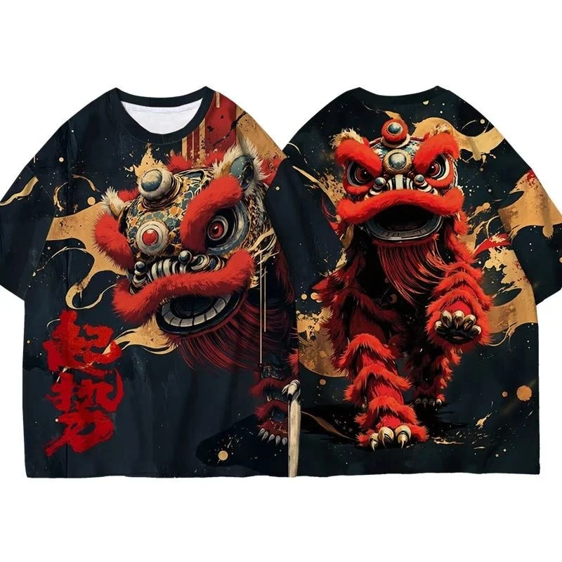 Chinese Lion Dance Lucky Pattern T Shirt For Men Women New Year 3D Printed Tees Casual O-Neck Tops Short Sleeve Loose T-Shirts