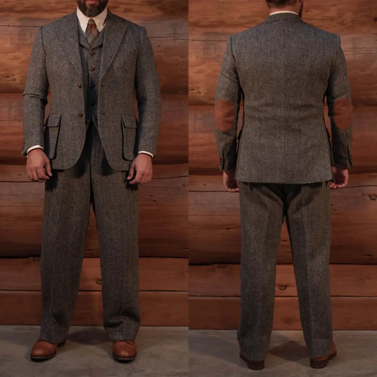 بدلة تويد كلاسيكية باللون البني للرجال بدلة زفاف العريس ملابس رسمية 3 قطع ملابس شتوية سميكة مصنوعة حسب الطلب