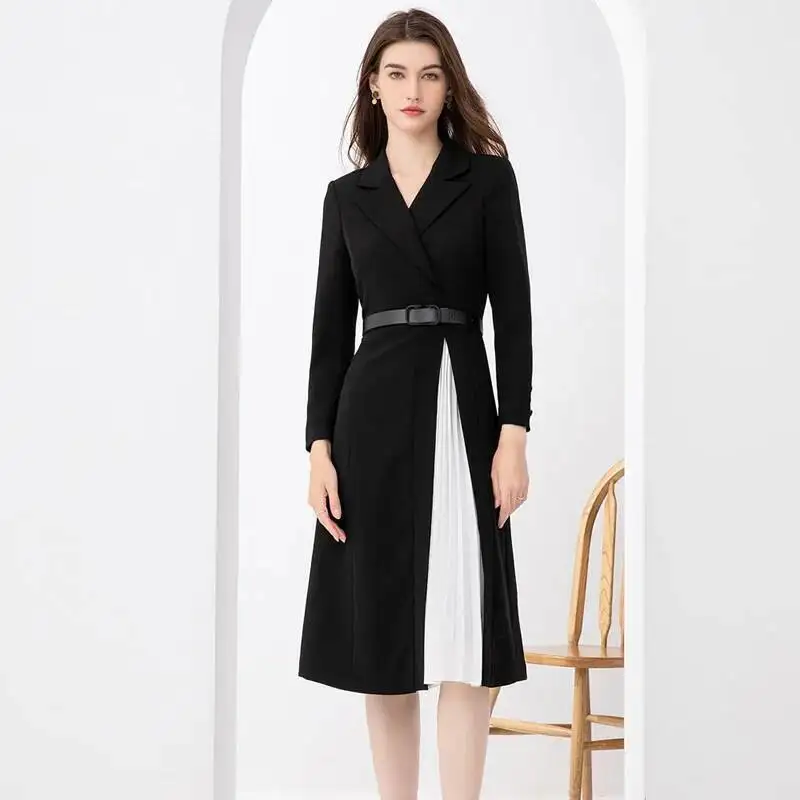 Kate Princess Colorblock Women Dress New Notched Long Sleeve Pleated Dresses With Belt