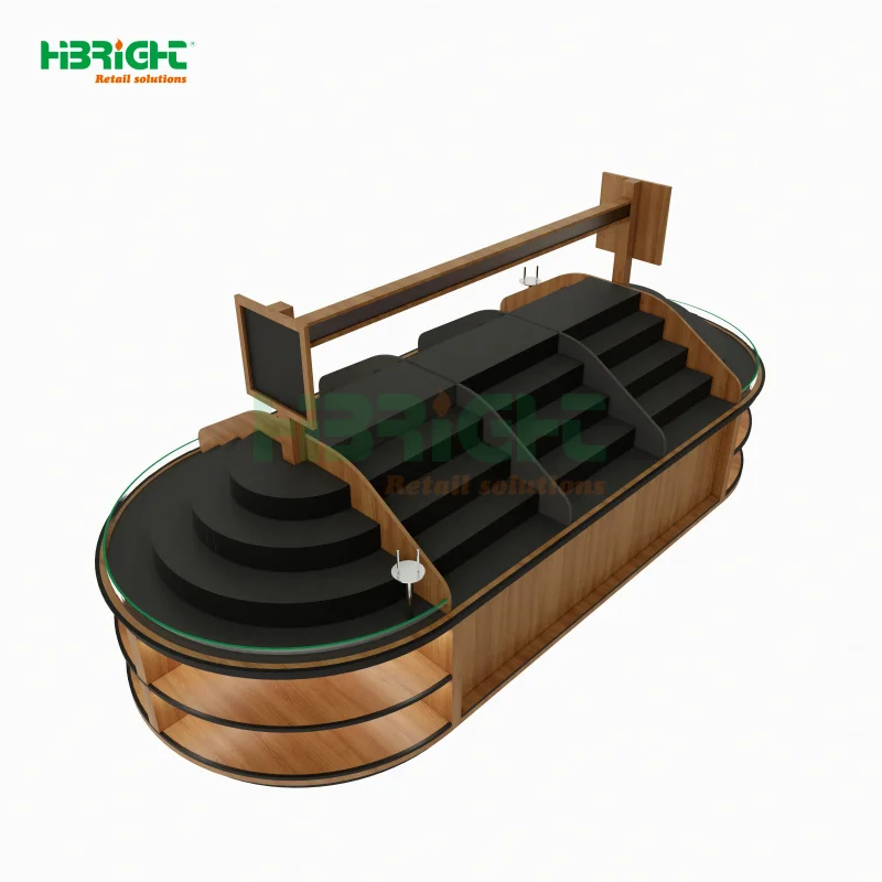 custom.Highbright Double-Sided Heavy Duty Wooden Metal Combination Pre-Assembled Display Rack Supermarket Vegetable Shelving