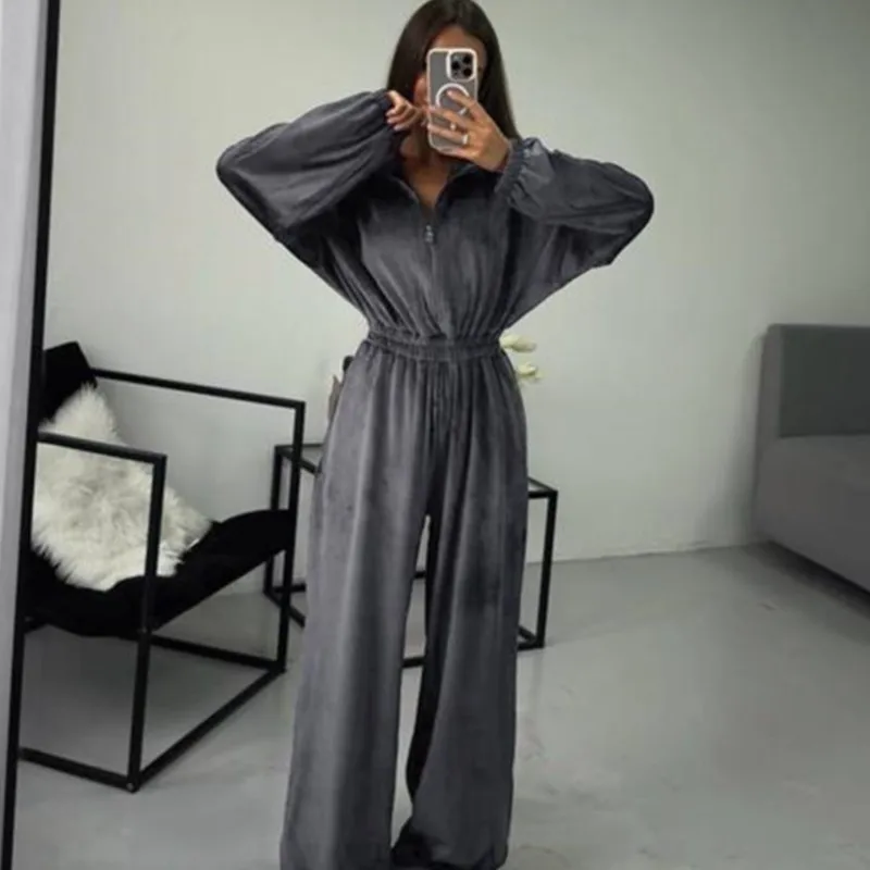 

2025 Autumn New Trendy Long Sleeve Half-Zip Jumpsuit – Elastic Waist Cozy Fit for Streetwear Office Outfit