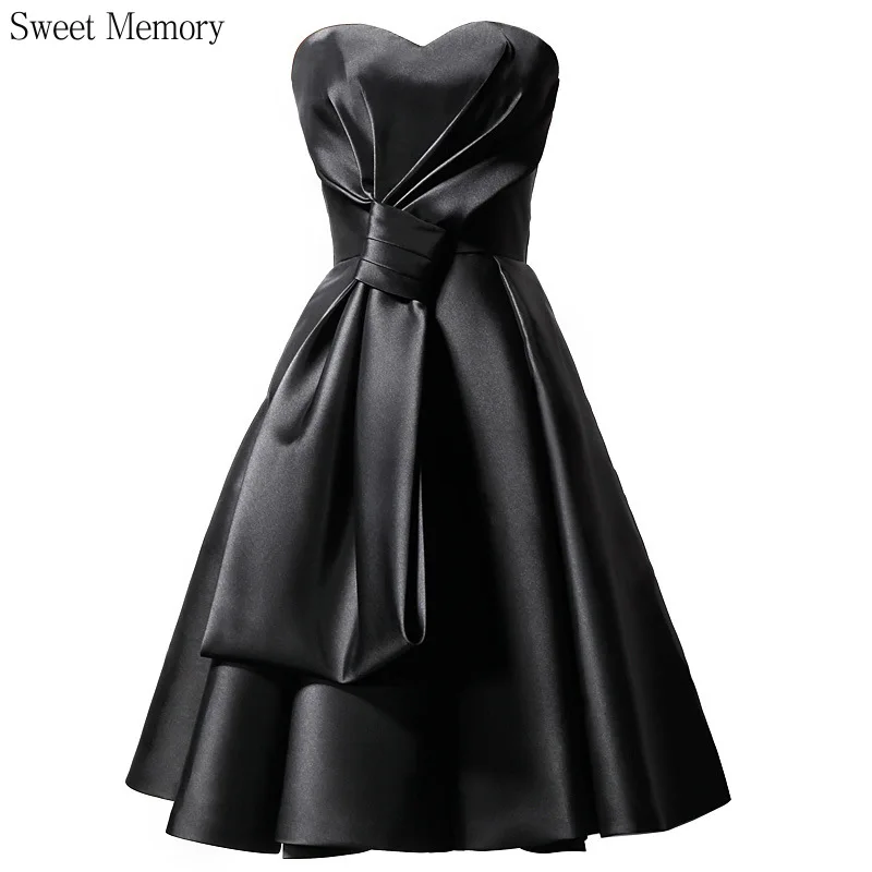 U34125 Short Black Evening Dresses Satin Sexy Sleeveless Formal Gown Princess Prom Robe Banquet Wedding Party Dress Lace Up Back