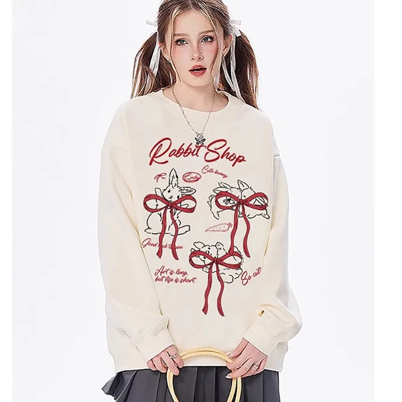 

Vintage Bow Rabbit Crew Neck Oversized Hoodie Women 2024 Korean Fashion Chic Loose Sweatshirt Aesthetic Top Korean Fashion
