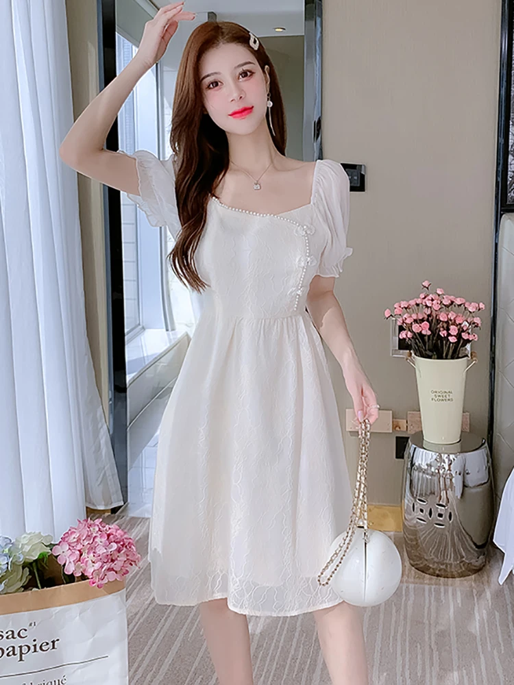 Women Korean Vintage Luxury Midi Dress Summer White Jacquard Chic Beading Square Collar Dress 2025 New Elegant Bodycon Vestidos