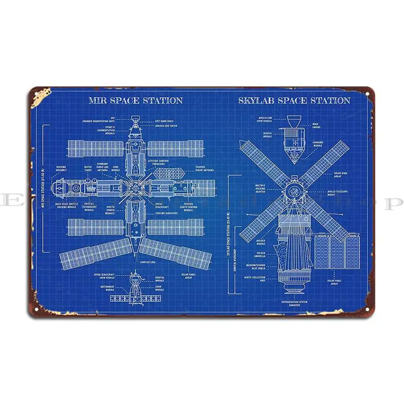 Mir And Skylab Space Stations Blueprint Metal Plaque Wall Cave Wall Mural Wall Cave Decoration Designer Tin Sign Poster