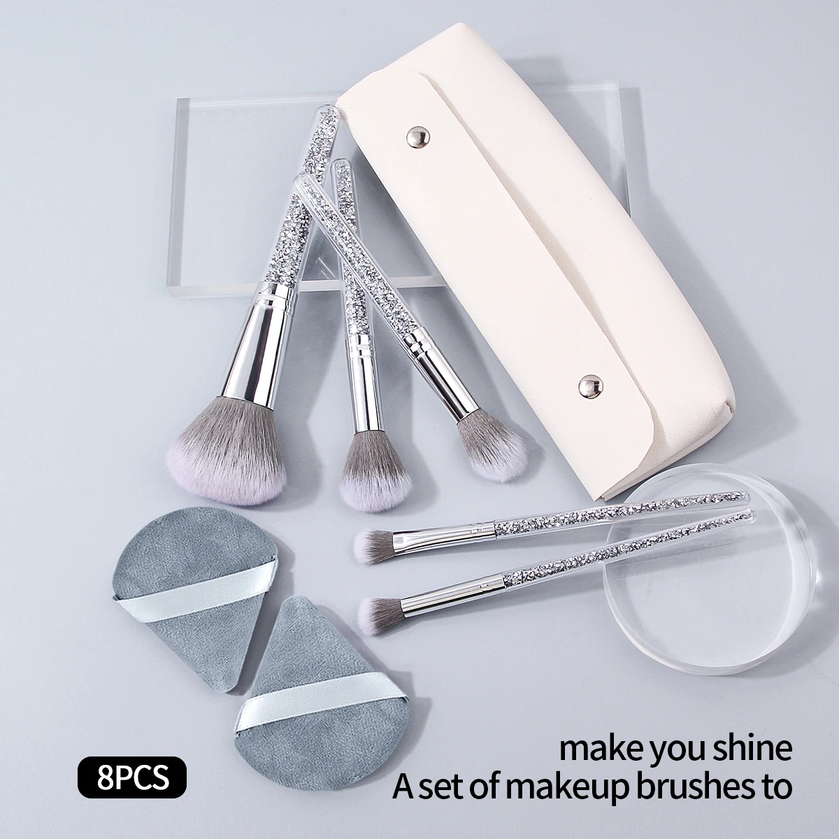 8PCS high appearance level makeup brush set, including diamond-handled brush cover + triangular powder puff + storage bag