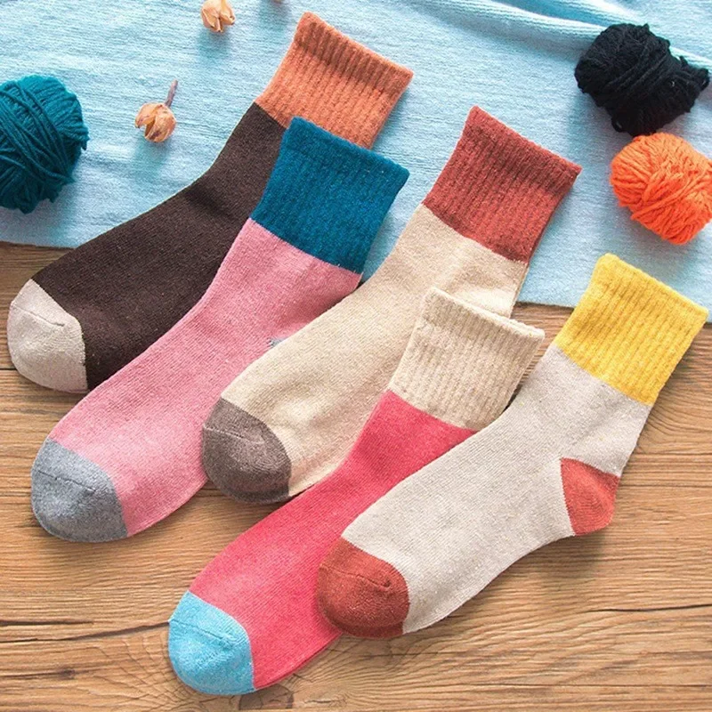 5 Pairs Women Vintage Patchwork Thicken Woolen Socks Trendy Comfortable Casual Versatile Fall Winter Warm Outdoor Sports