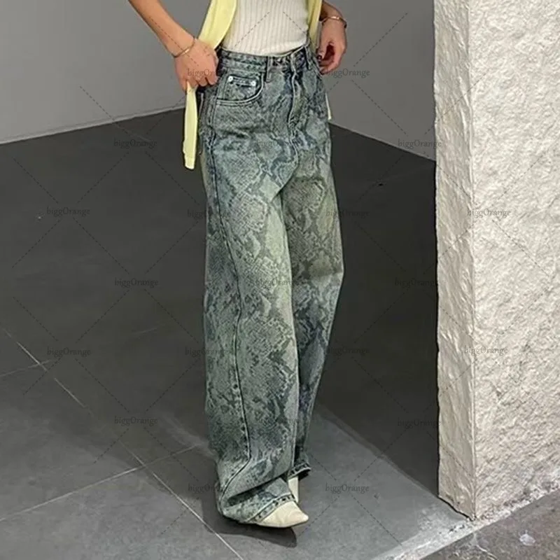 جديد الأمريكية الرجعية Harajuku القوطية الأفعى نمط Y2K الدنيم مثير المرأة عالية الخصر الجينز خمر الشارع الشهير غسل السراويل المستقيمة