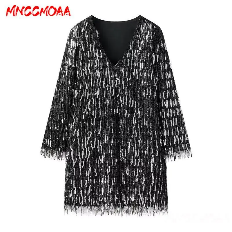 MNCCMOAA-Women's Loose V-Neck Tassel Sequin Dress, Female Casual Dress, Long Sleeve, Elegant Party Dresses, Fashion, 2024