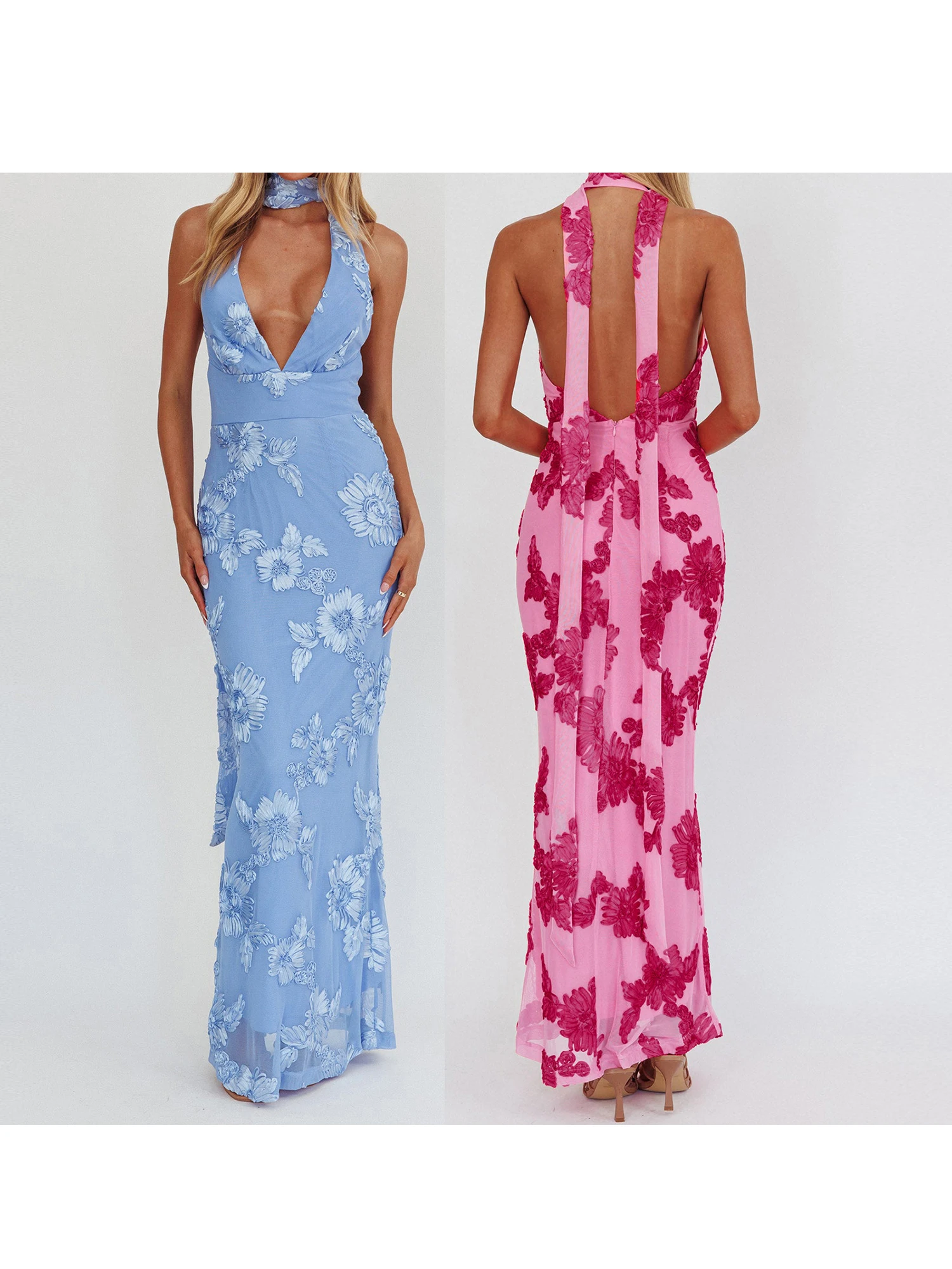 Elegante abito lungo con scollo a V e dettagli in pizzo, abito da sera senza maniche, senza schienale, per eventi formali e matrimoni