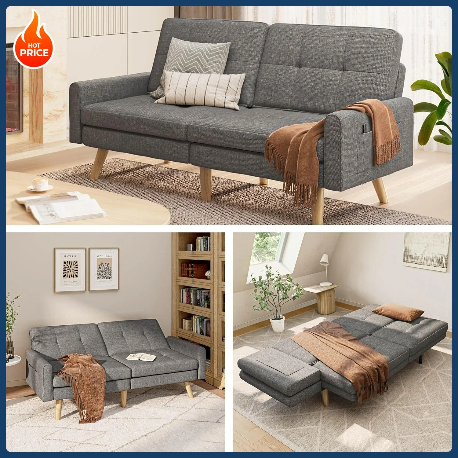 

Бестселлер! Горячее предложение! Футон-диван-кровать, 70,9 дюймов, с регулируемой спинкой, съемными подлокотниками для увеличения длины