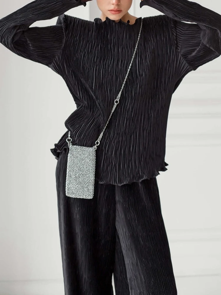 Conjunto de traje cómodo de color sólido con diseño arrugado, conjunto diario para el hogar, top y pantalones de manga larga con cuello redondo, conjunto de dos piezas