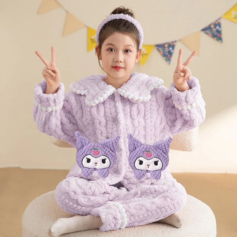 

Пижамы Kuromi из кораллового флиса для девочек, осенне-зимняя новая утепленная одежда для отдыха, костюм Cinnamoroll My Melody, детская одежда