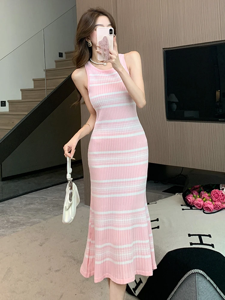 الحلو عطلة فستان طويل ملابس حريمي الوردي الأبيض لصق محبوك سترة قبالة الكتف مخطط نحيل ذيل السمكة رداء الشاطئ Vestidos