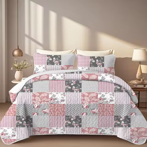 2/3-Piece Geometric Grid Printed Quilt Set, Cal King, Durable, Breathable, and Unique Summer Bedding Set, 1 Quilt, 1/2 Pillowcase
