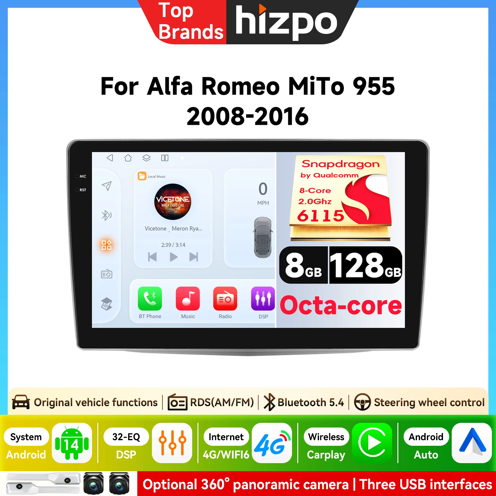 Hizpo 6115 System AI Carplay Android Auto Odtwarzacz Multimedialny Samochodowy do Alfa Romeo MiTo 955 2008-2016 Carplay 4G Radio Samochodowe 360 ° Kamera