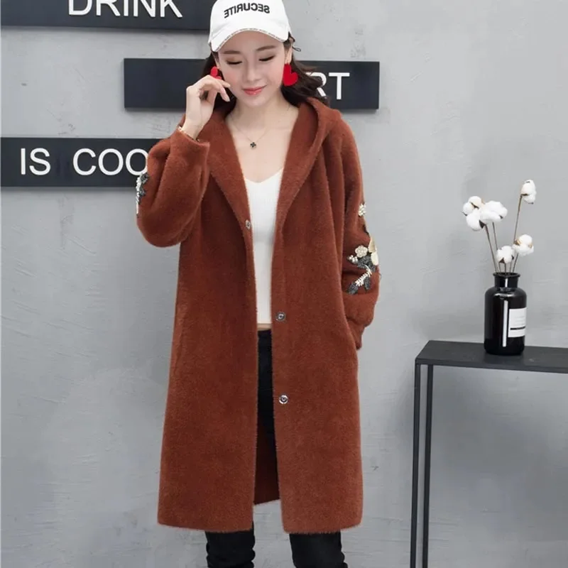 Thickened Autumn and Winter New Imitation Mink fur Coat Women\'s Medium Long Embroidered Knitted Cardigan Hooded Mink fur Coat WS