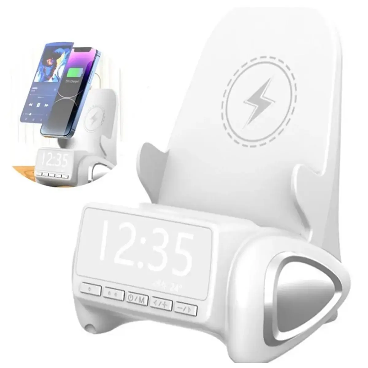 618 Mega Sale Wireless Phone Charger with Bluetooth Speaker with Clock Desktop Phone Stand Wireless Charging Phone Holder Gift