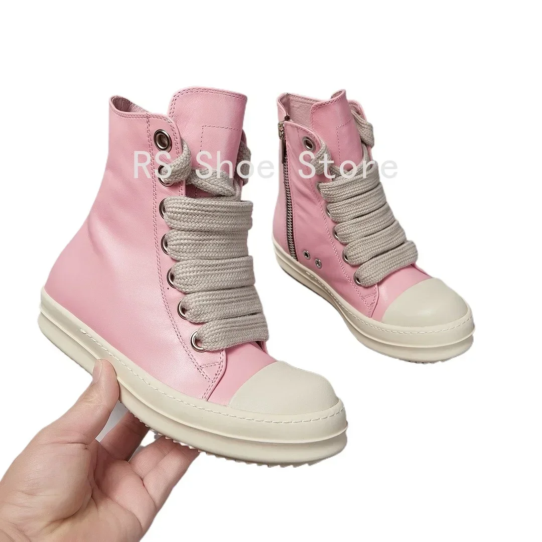 

Ro Men Sneaker Pink Leather High Top Shoe Jumbo Laces Ankle Boot Women Casual Shoes Zipper Gray Cowhide Boots Sneakers
