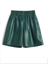Fashionable Stylish 100% Leather Five-Point Pants For Women Femme Elastic Waist Wide Leg Shorts With Pocket