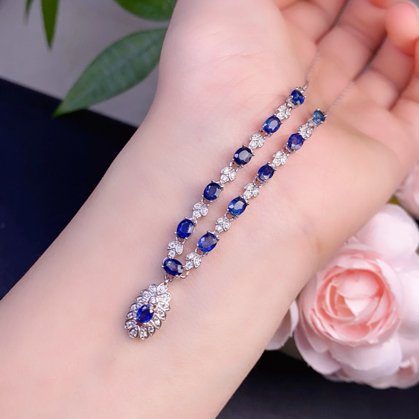 

Natural Sapphire Pendant Necklace 3x4mm Oval Cut Clear Crystal 925 Silver Halo Pave Tennis Chain Fine Jewelry for Women