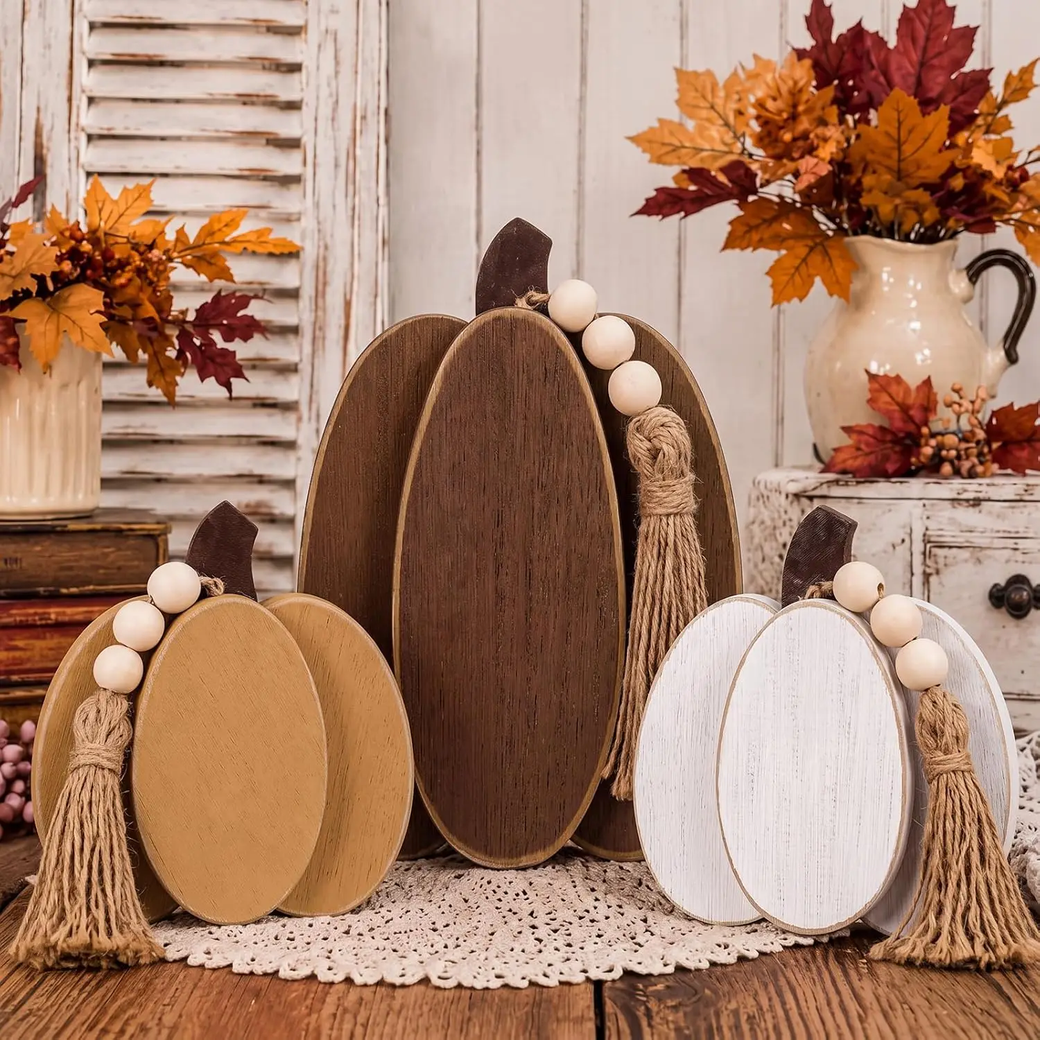 3 Pcs Wooden Pumpkin Tabletop Decor, Fall Autumn Harvest Home Decoration, Brown