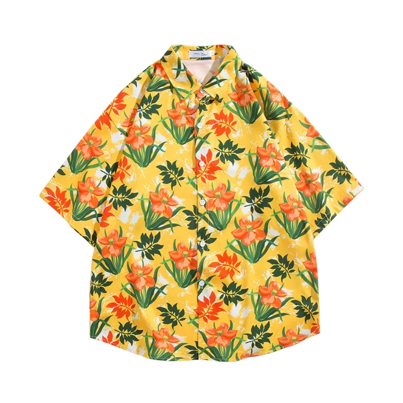 Summer Men's Beach Vacation Short Sleeve Floral Shirt Retro Hawaiian Beach Travel Casual Loose Handsome Printed Shirt Coat