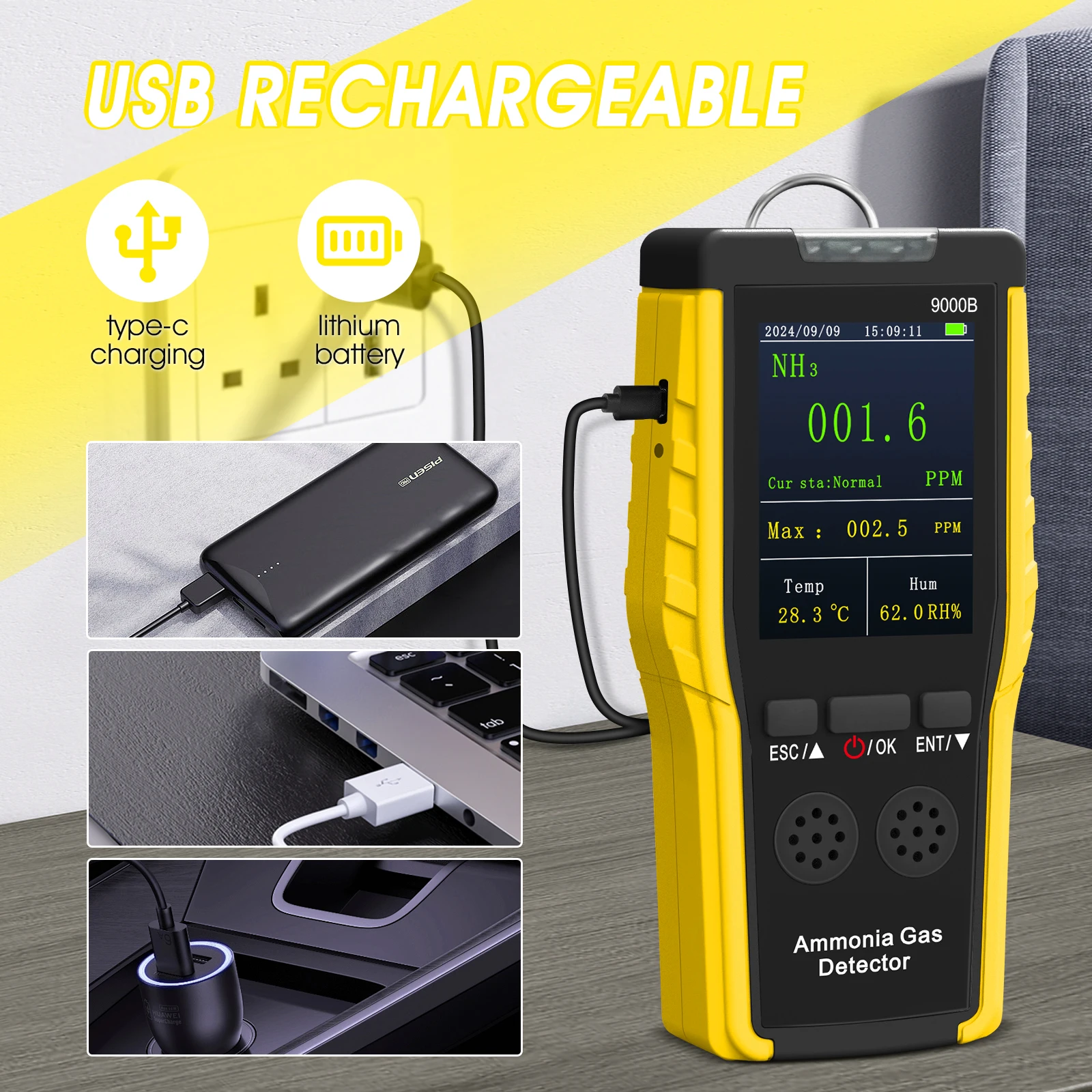 HOLDPEAK Portable Ammonia Gas Detector, 0-100ppm Rechargeable NH3 Analyzer with LCD Screen, Dual Alarm, Temp & Humidity Display