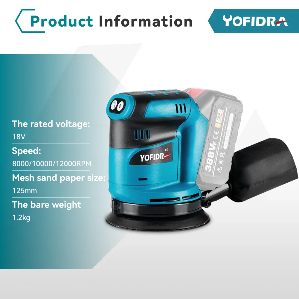 Yofidra 5 Inch 3 Speed Electric Sander Cordless Wood Grinder Polishing Grinding Sanding Machine Power Tool For Makita 18VBattery