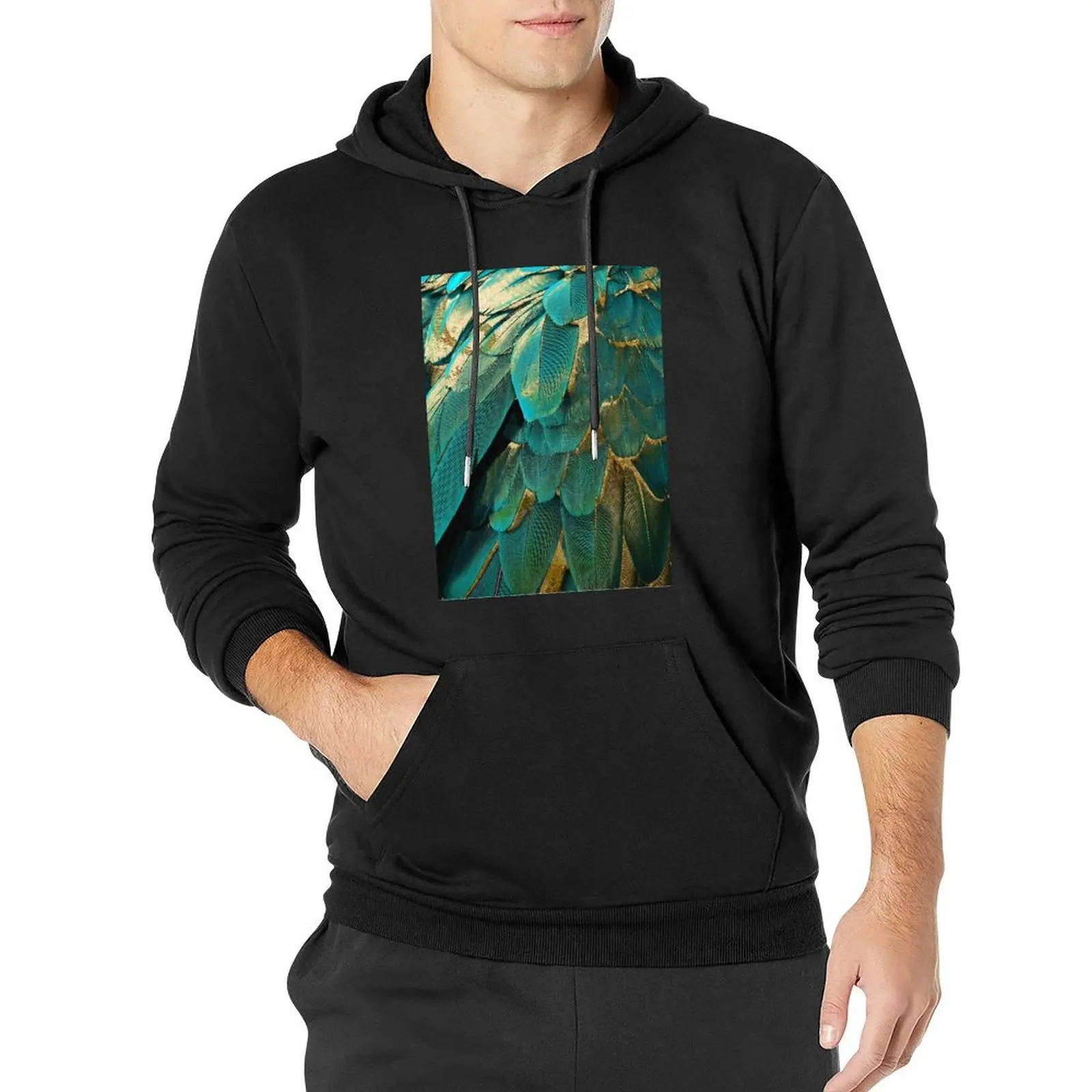 

Feather Glitter Teal and Gold Pullover Hoodie autumn clothes men's clothing streetwear men anime clothes hoodie for men