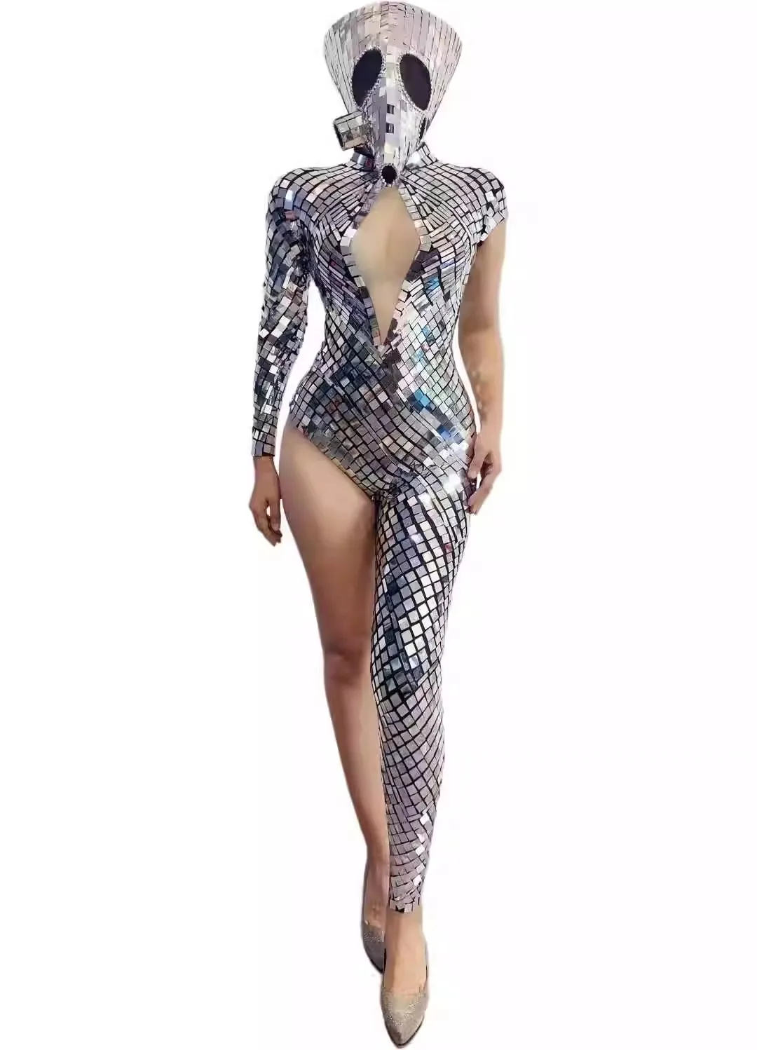 Серебряное зеркало с блестками, нерегулярное боди на одной ноге, бар, ночной клуб, певица, танцевальный костюм для выступлений, костюм для вечеринки, клуба GOGO, наряд