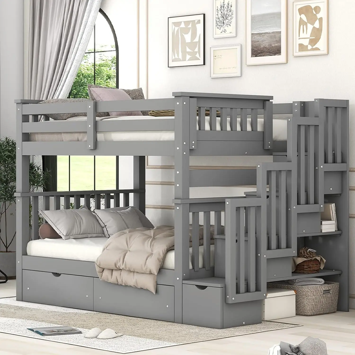 

Harper & Bright Designs Full Over Full Bunk Bed with Stairs, Wooden Bunk Bed with Storage Drawers, for Kids Teens Adults - Gray