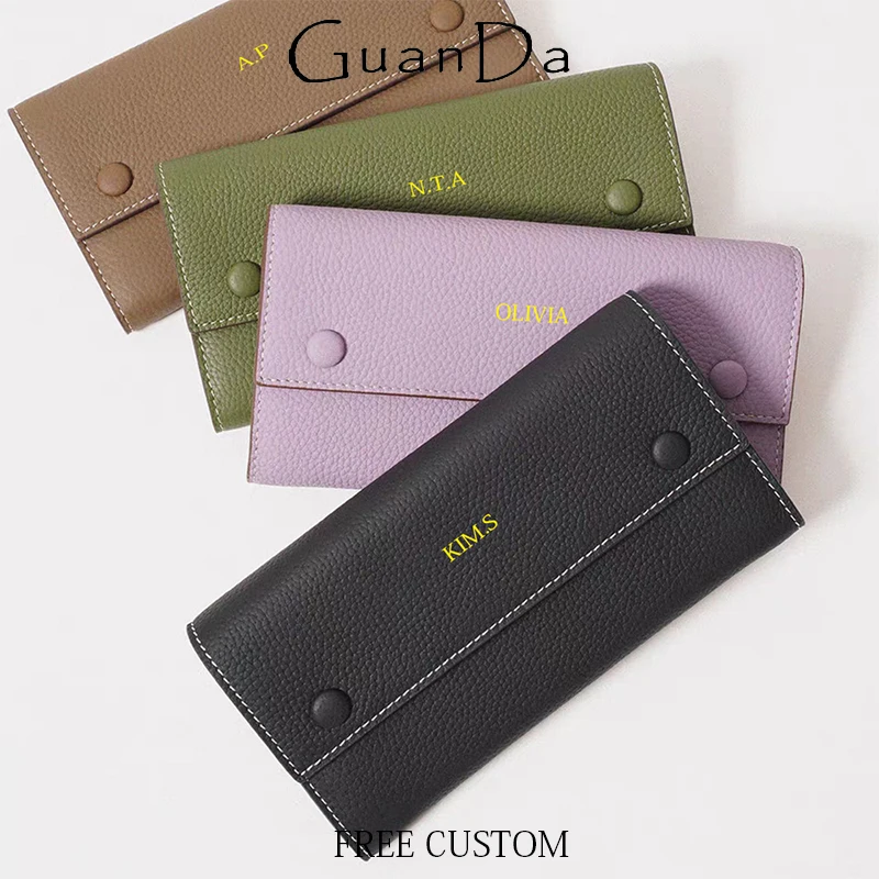 Custom Letters Woman Long Wallet Genuine Leather Large Capacity Card Holder Luxury Design Versatile Phone Purse Lady Coin Purse