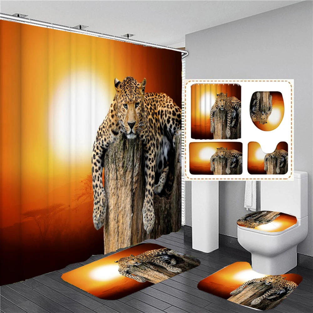 Animal Print Black Shower Curtains Lion Tiger 3D Bathroom Curtain Set Anti-slip Bath Mat Soft Toilet Lid Cover Home Rugs Carpets