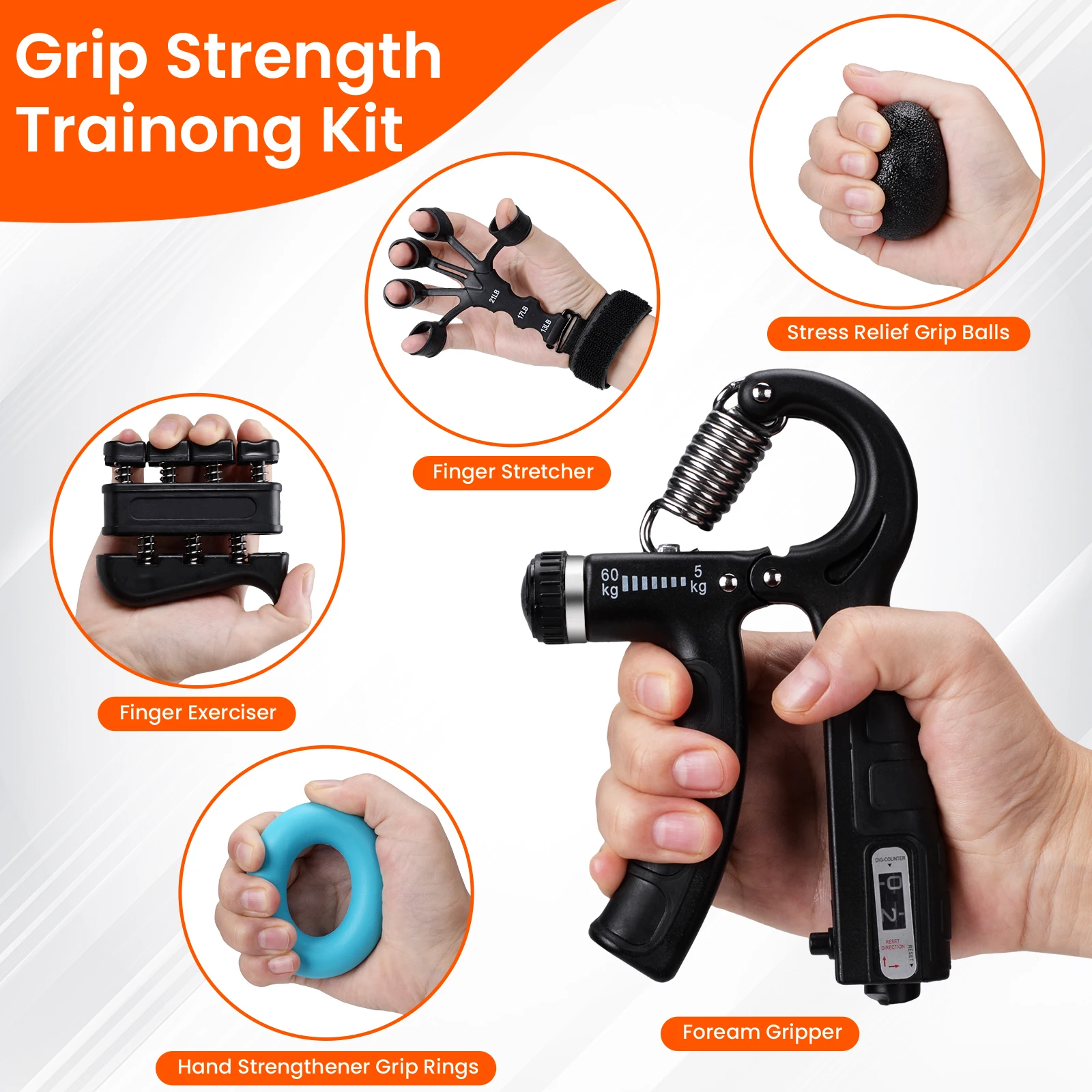 9 Strength Trainer Kit with Finger Exerciser, Grip Strengthener, Stretch Exerciser and Grip Ball for Mucle Building