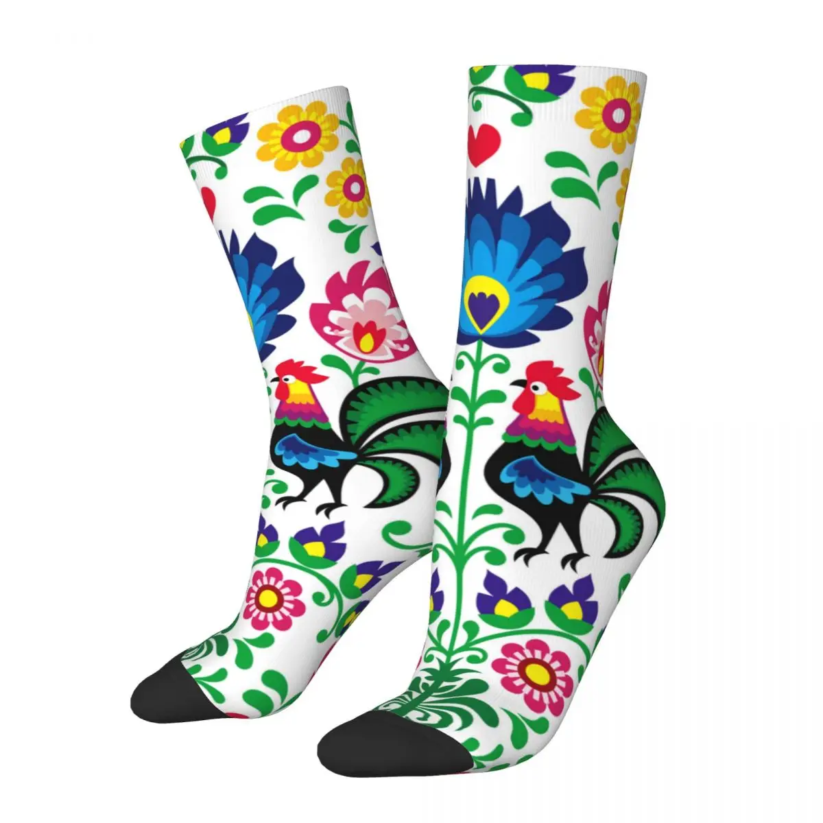 Happy Vintage Floral Polish Pattern With Roosters Crazy Men's Socks Unisex Harajuku Pattern Printed Novelty Crew Sock Boys Gift