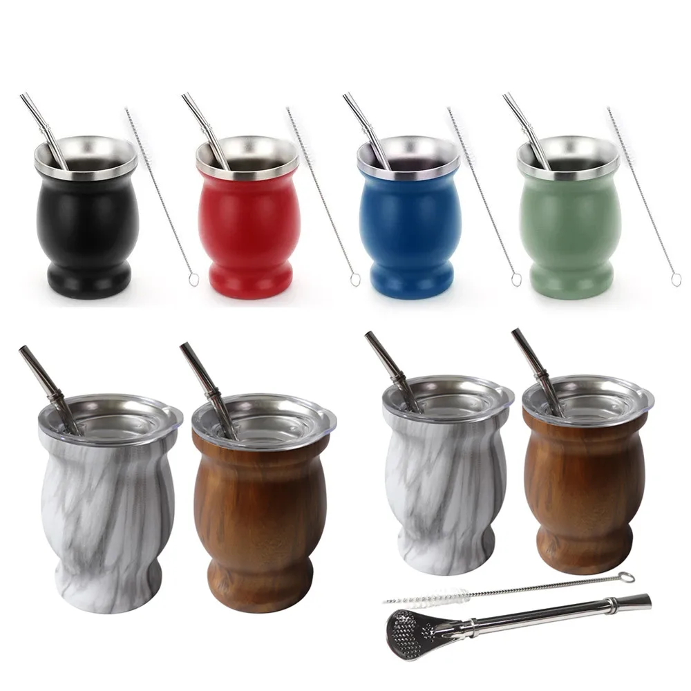 Taza Yerba Mate de 230ML, calabaza de Yerba Mate argentina de doble pared de acero inoxidable 304 con Bombillas y cepillo de limpieza, taza para café y té