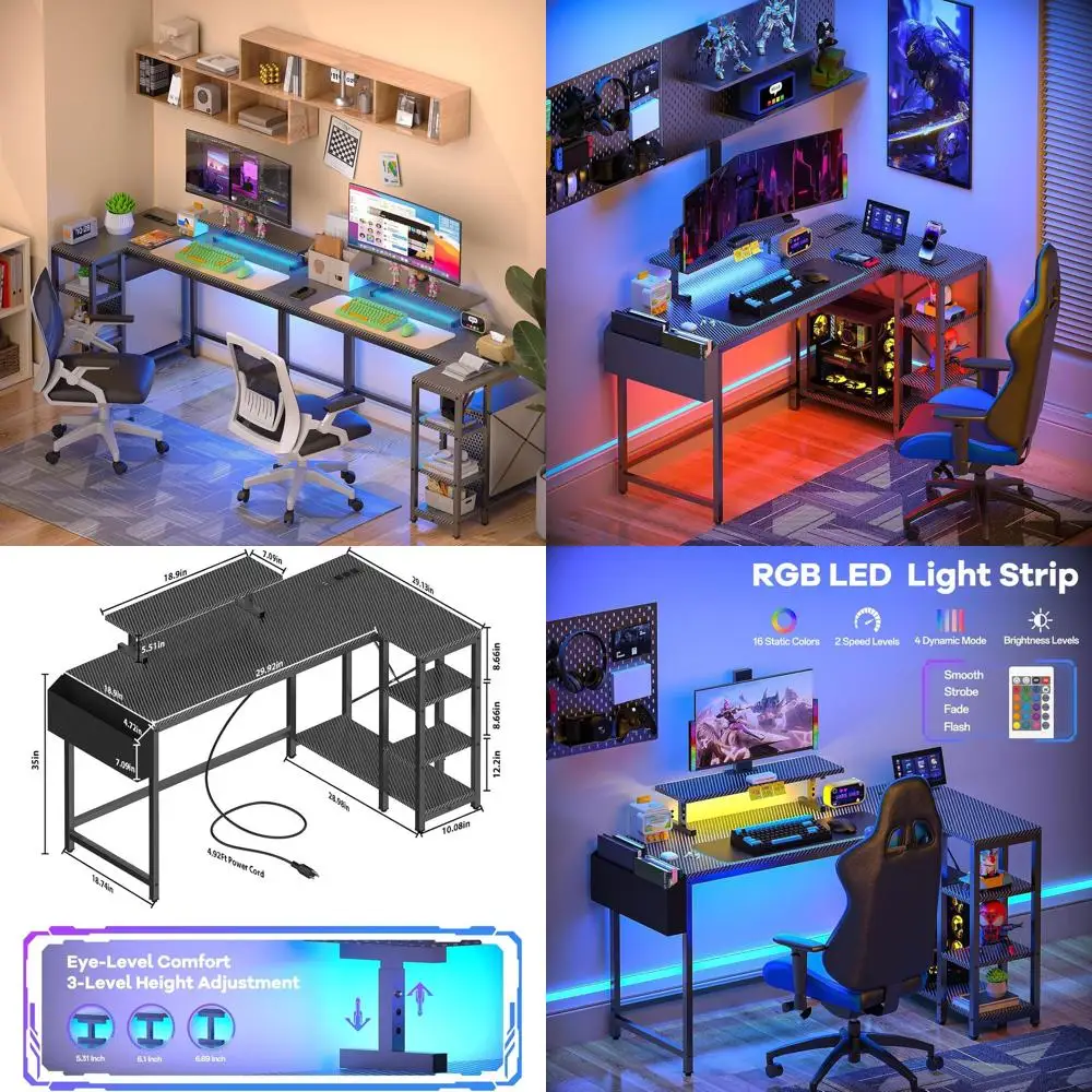 

Угловой стол из углеродного волокна со светодиодной подсветкой, реверсивная, регулируемая подставка для монитора и розетка для компактного домашнего офиса