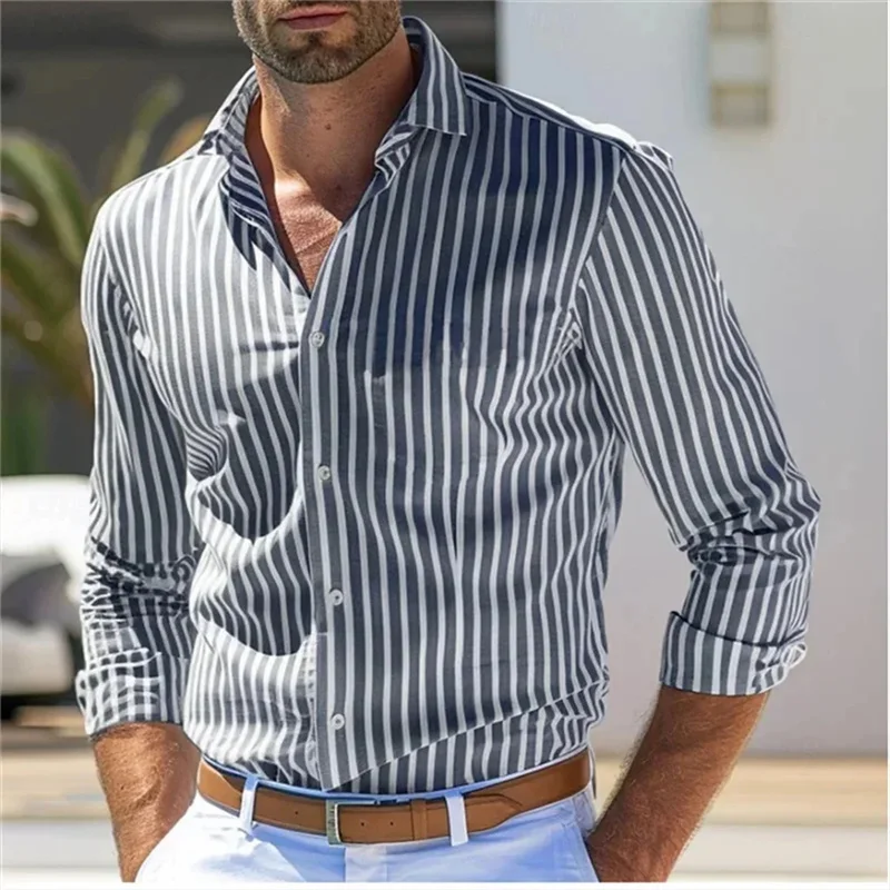 Camisa con botones para hombre, camisa informal de manga larga, color negro, rojo y azul, solapa a rayas, ropa de vacaciones diarias, Tops casuales