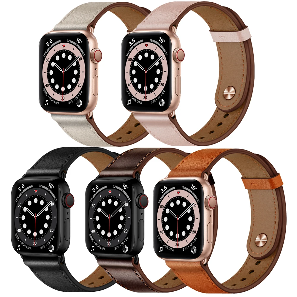 VIOTOO Watch strap For Apple Watch series 7 6 SE 5 4 3 2 1 genuine grain leather band for iWatch black rose gold buck