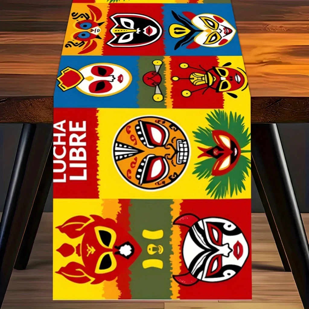 1 Piece Mexican Wrestling Mask Table Runner, Suitable for Farmhouse, Indoor, Kitchen, Celebrations, Table Decoration, Restaurant and Banquet Decoration Supplies