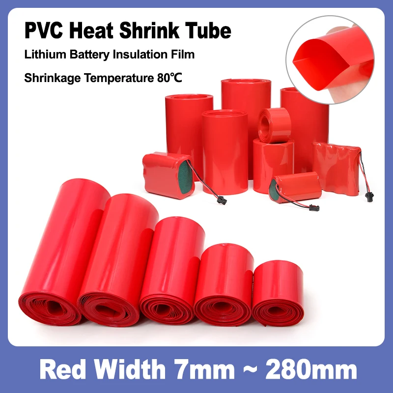 

1/2/5/20M Red Battery Films Width 7mm ~ 280mm Insulated Sleeving Protection Wrap PVC Heat Shrink Tube for Lithium Battery Packs