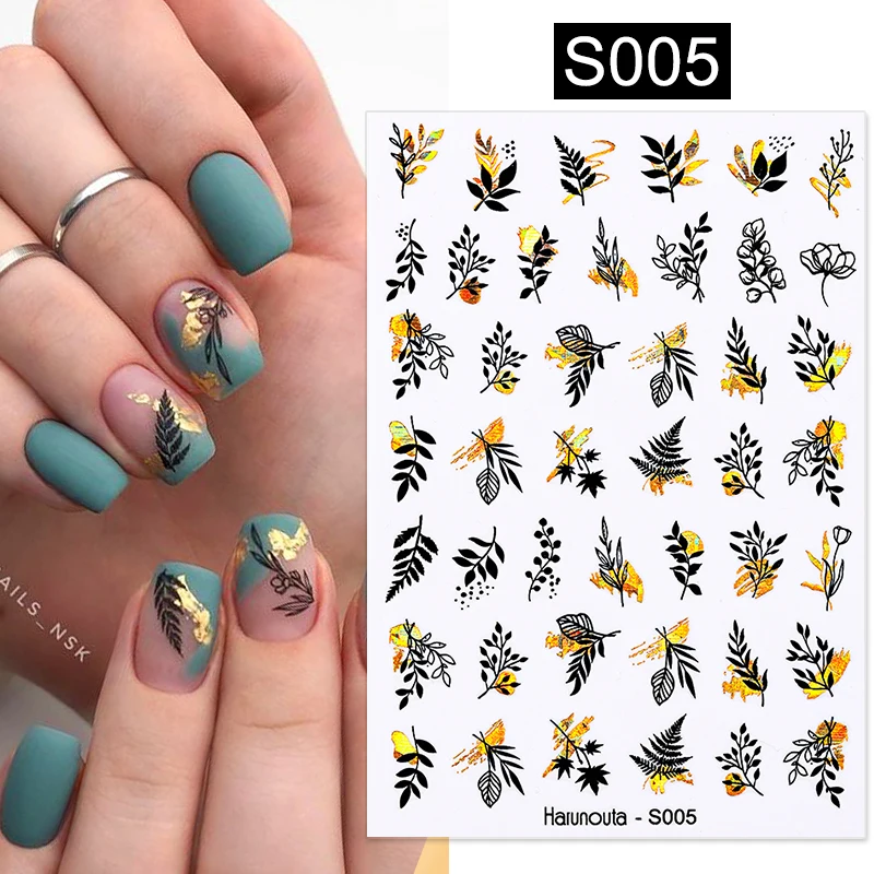 Harunouta 2022 NEW Gold Bronzing Slider Nail Art 3D Decals Decoration Flower Leaves Nail Art Sticker DIY Manicure Transfer Decal